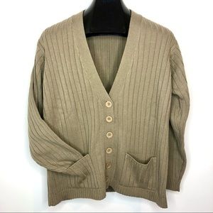 Grandpa Cardigan Taupe Gray-Brown Neutral Ribbed Knit Sweater w Pockets XL 12/14